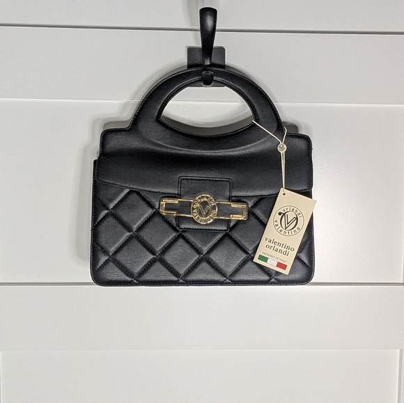 Valentino Orlandi Nwt  Quilted Black Satchel with Gold Accent Handbag - Picture 4 of 8